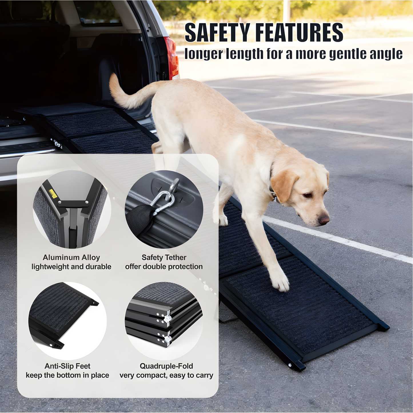 71 Inch Extra Long Quad-Fold Dog Ramp — Heavy Duty Aluminum | Supports 250 lbs for SUV & Truck