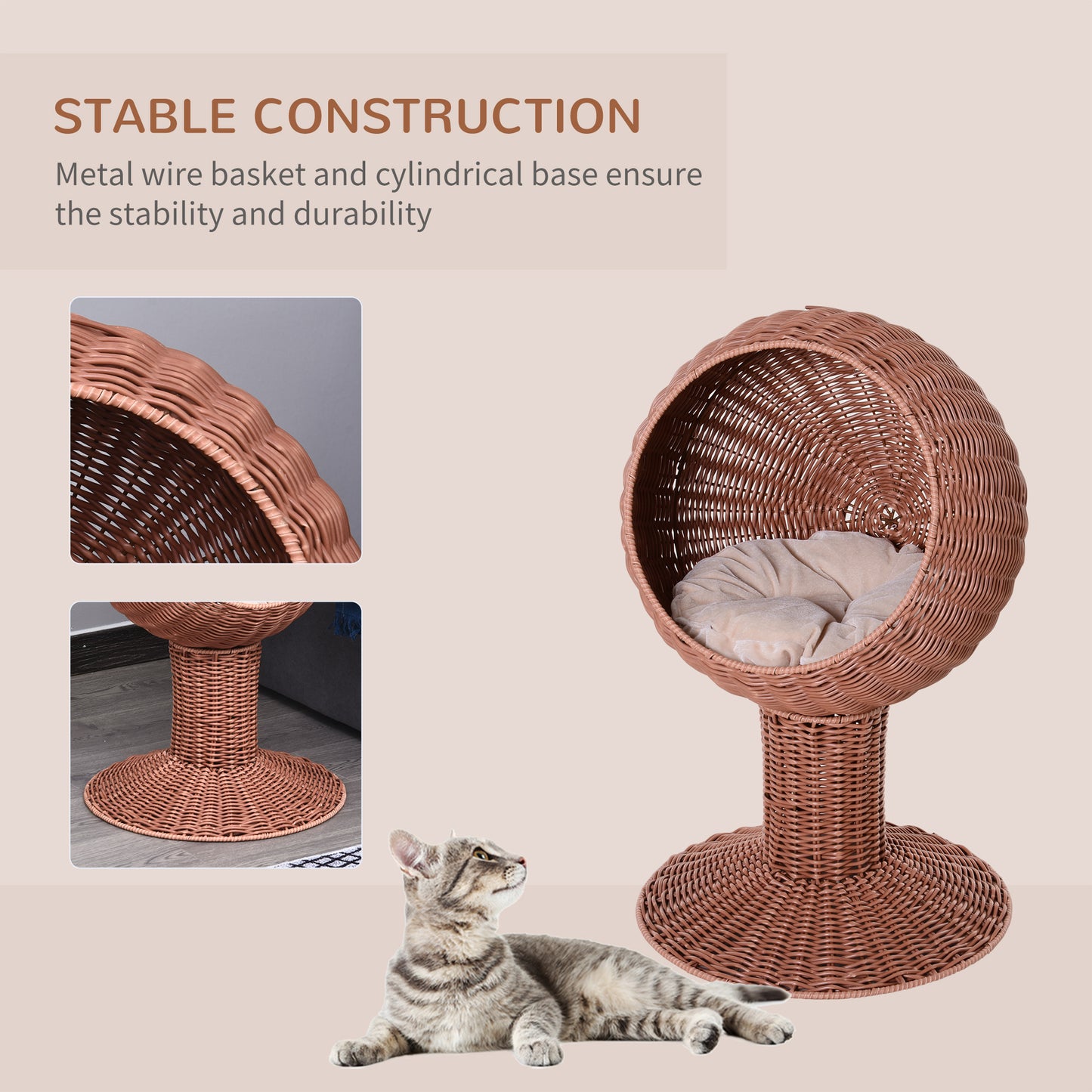 Elevated Wicker Egg Pod Cat Bed – Rotatable Basket House with Cushion