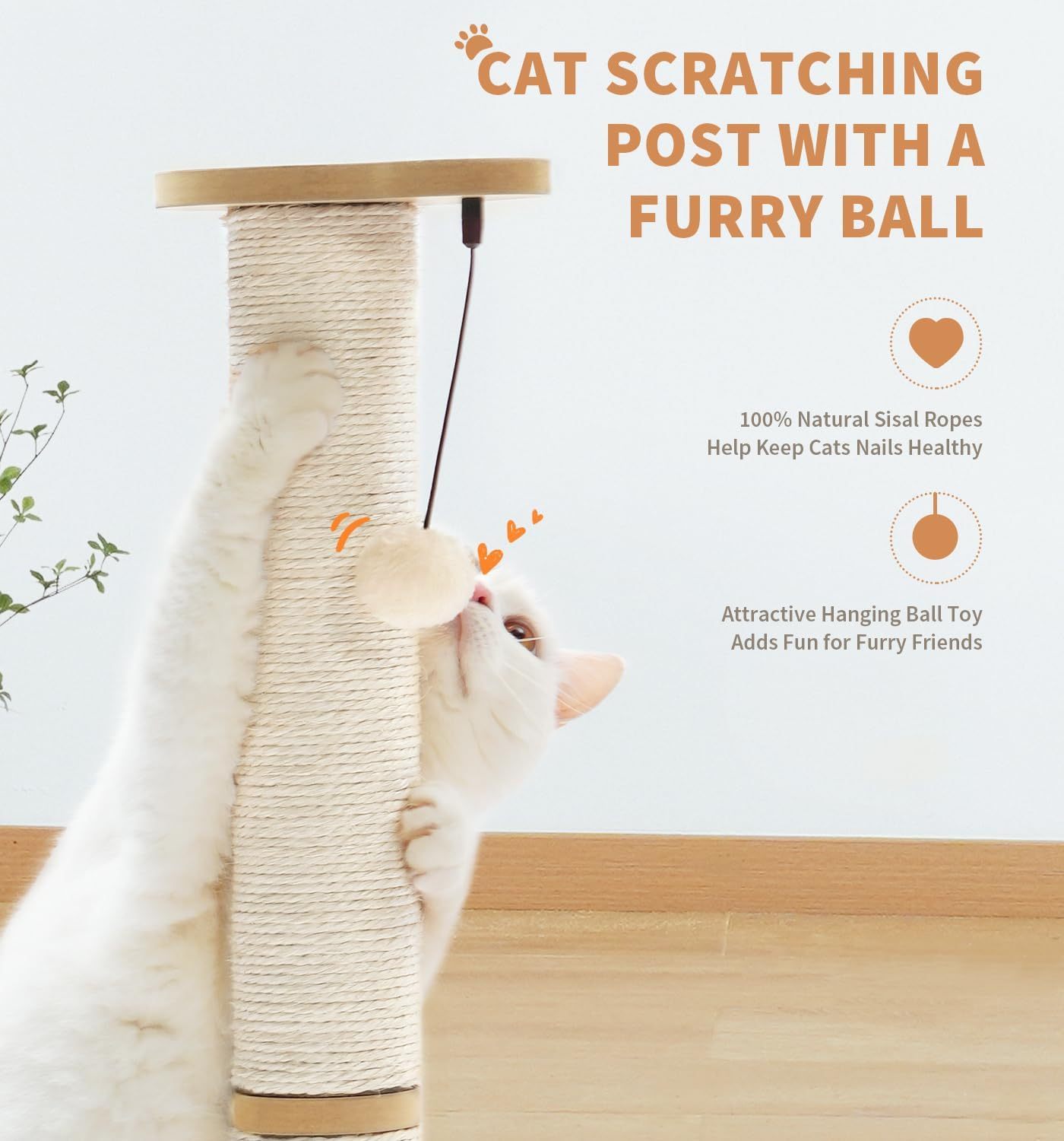 Cat playing with interactive ball track on sisal scratching post – 3 levels wooden balls