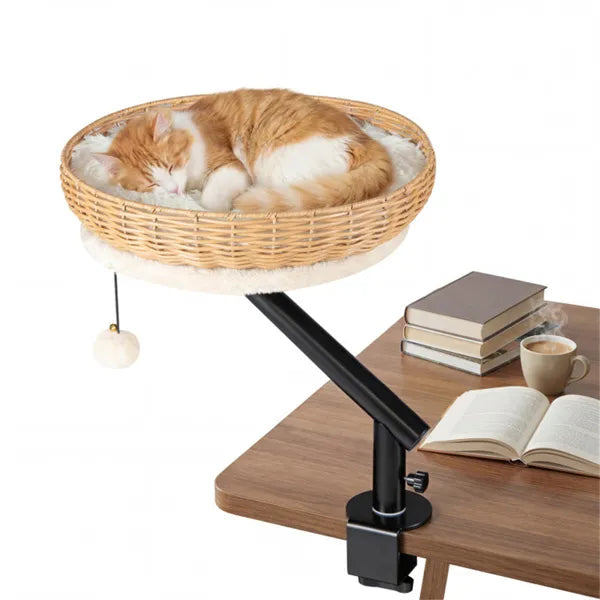 360° rotatable desktop cat bed perch with jingling ball - PE rattan natural