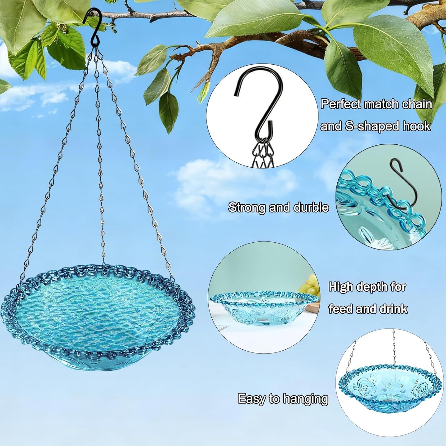 Hanging Bird Bath & Feeder for Outdoors – Decorative Plastic Bowl for Garden & Yard