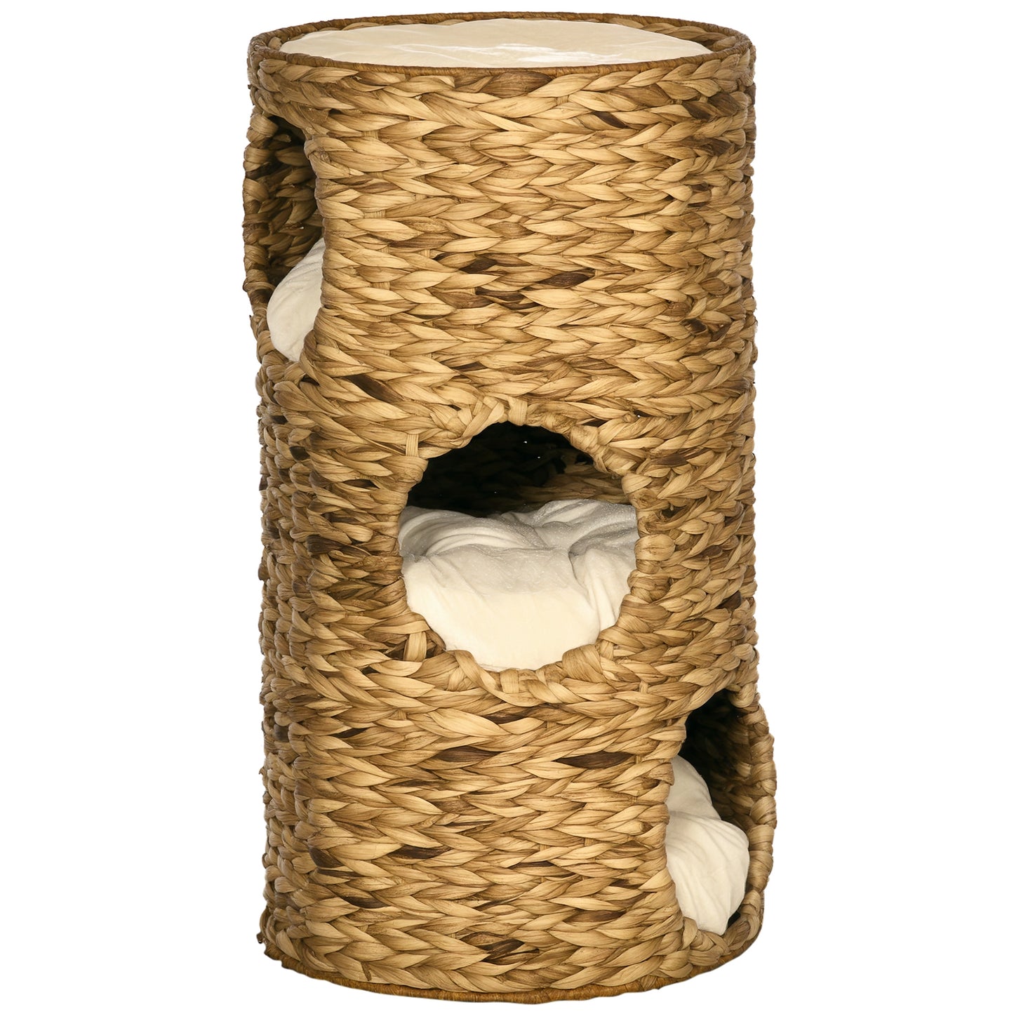 4-Story Cat Tower with Hideaways - Hand-Woven Water Hyacinth | Plush Cushions