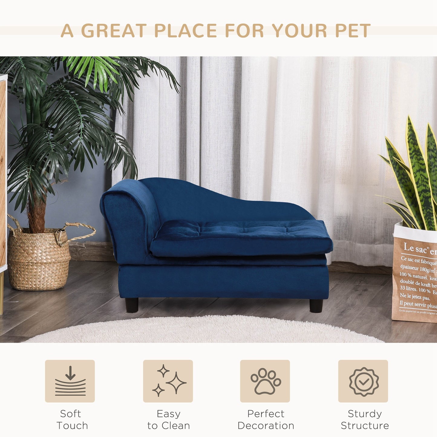 Blue velvet dog sofa lifestyle photo - modern home interior