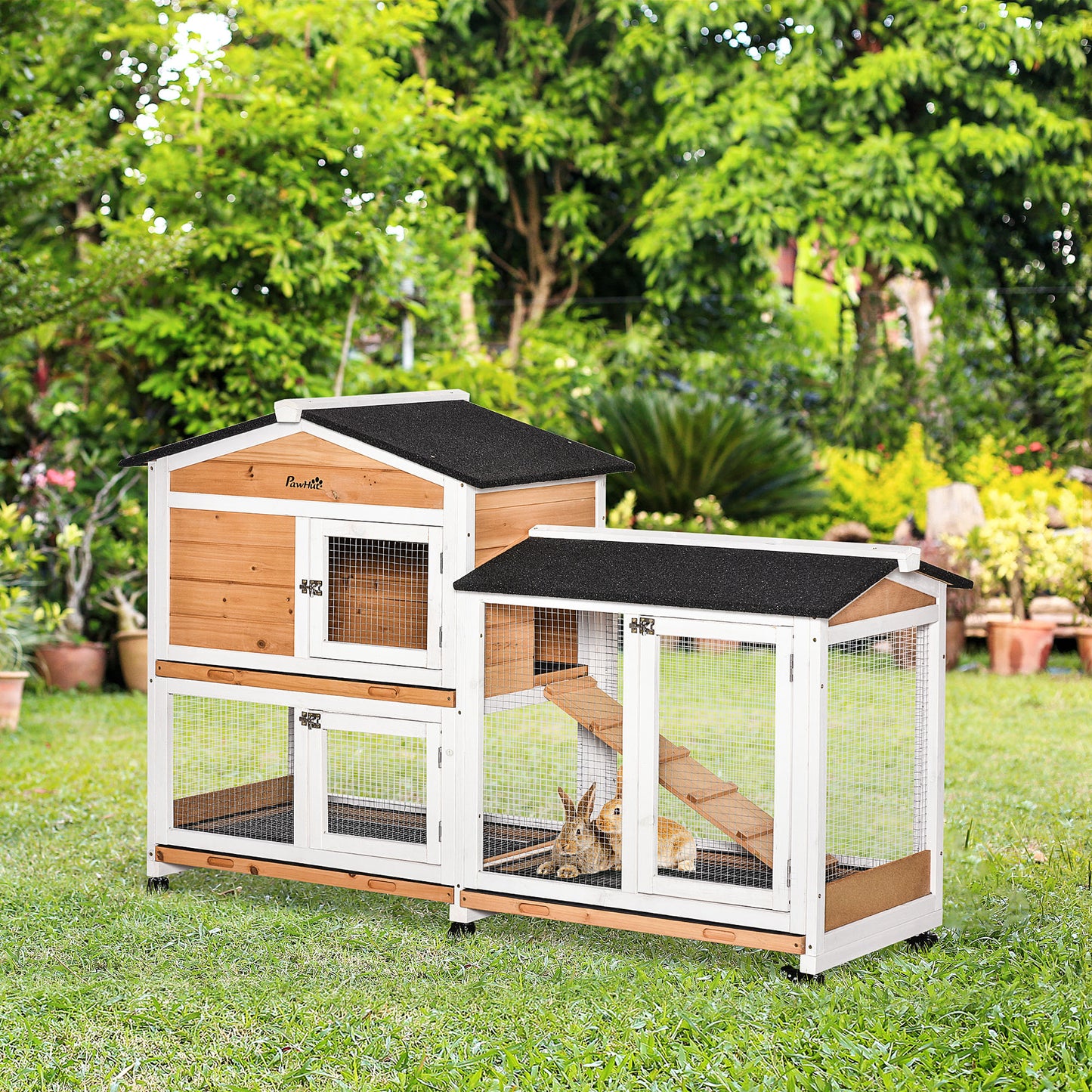 62" Deluxe Wooden Rabbit Resort - 2-Story Habitat with Extra-Long Run & 3 Easy-Clean Trays