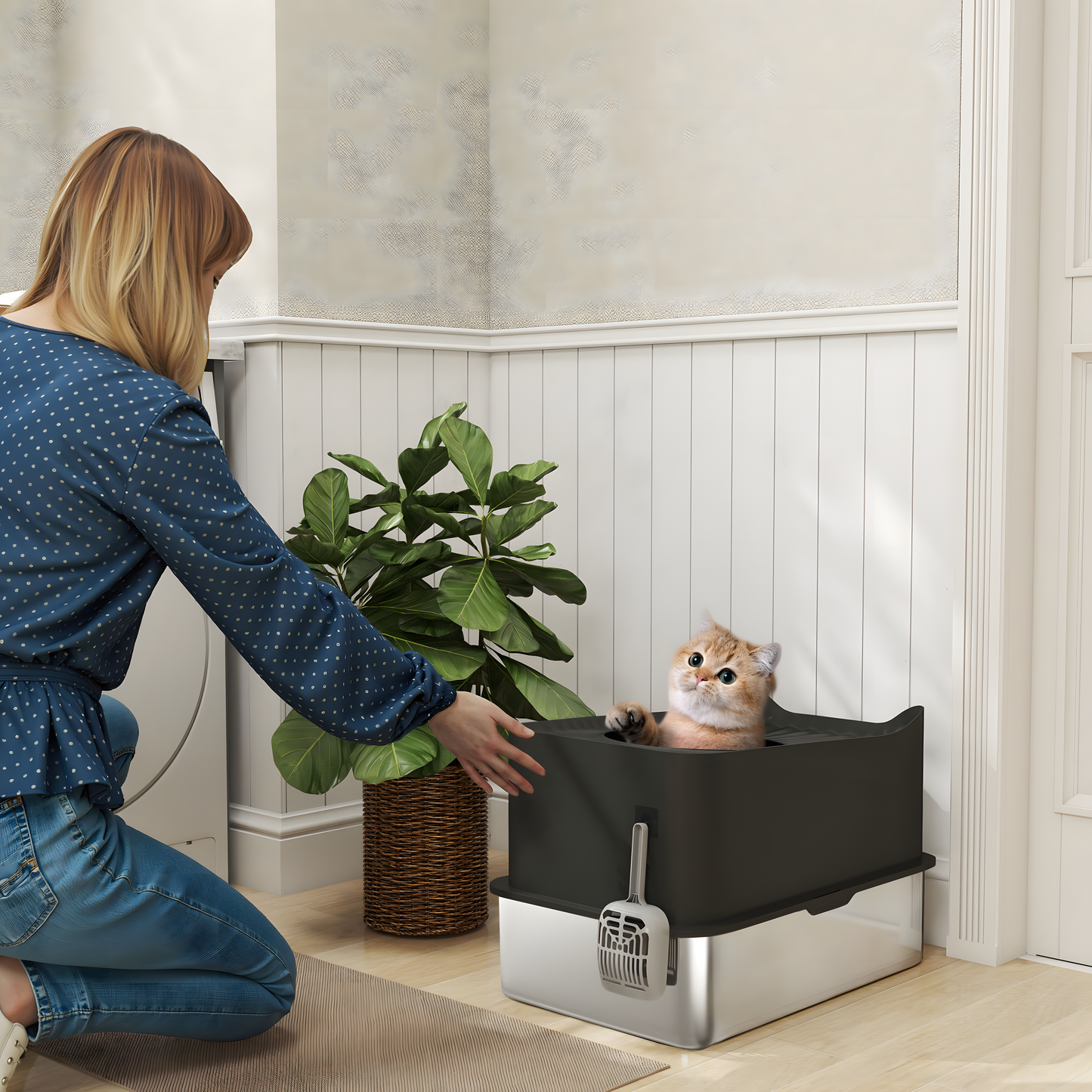 GianfiStore Extra Large Stainless Steel Cat Litter Box - Enclosed Top Entry with Scoop & Anti-Slip Pads