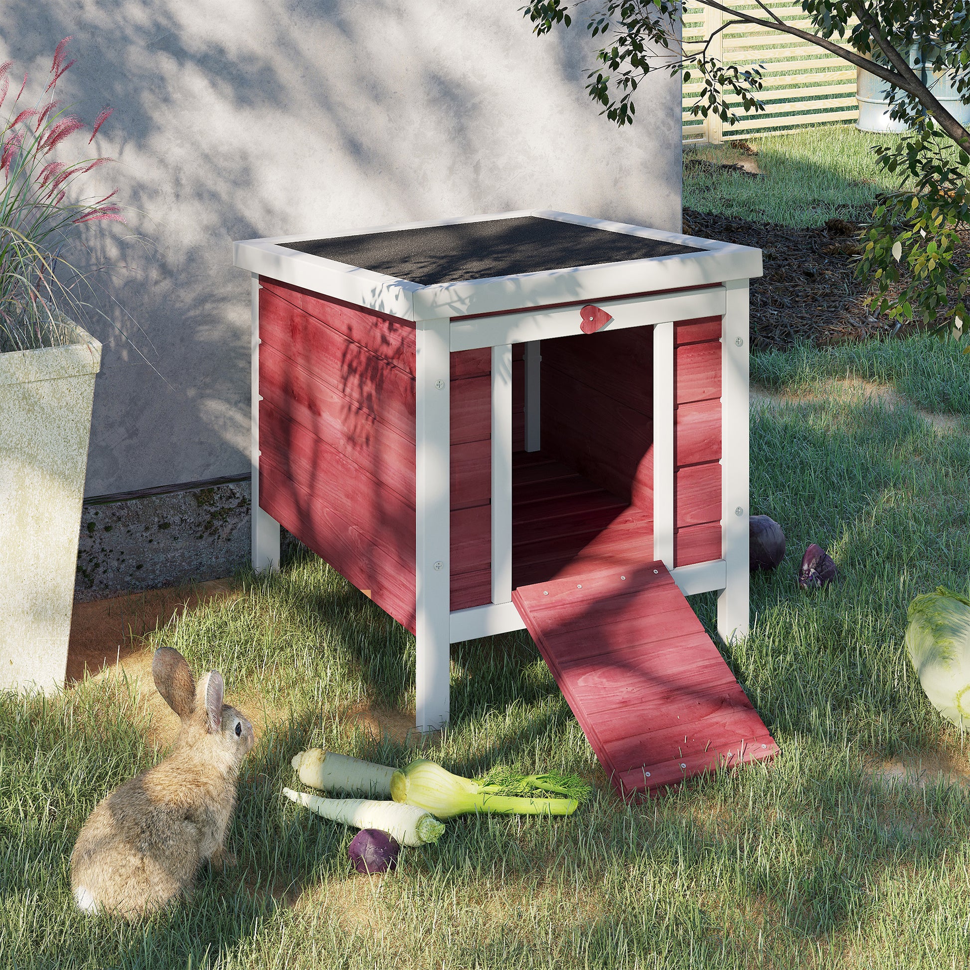 Charming red wooden pet house with heart lock - elevated outdoor hutch