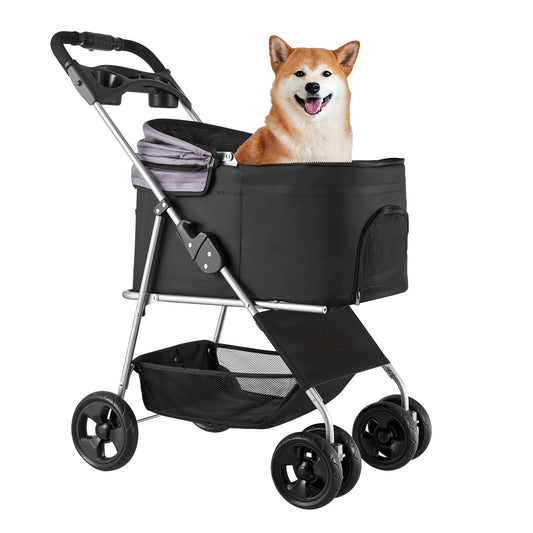 Foldable 4-wheel pet stroller in black with Shiba Inu dog, white background