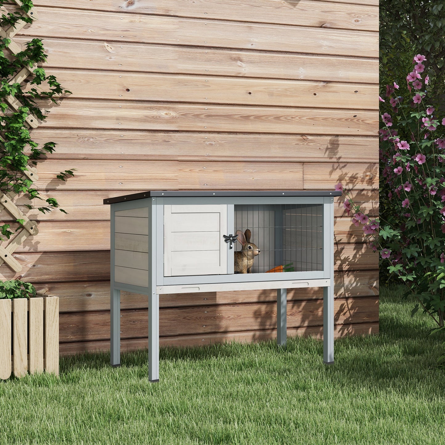 Elevated rabbit hutch gray - weatherproof wooden bunny house front view