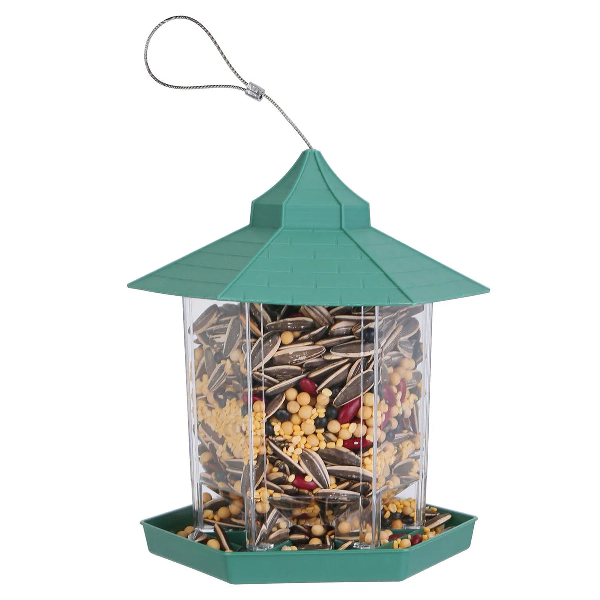 Green hanging gazebo bird feeder filled with mixed birdseed on white background