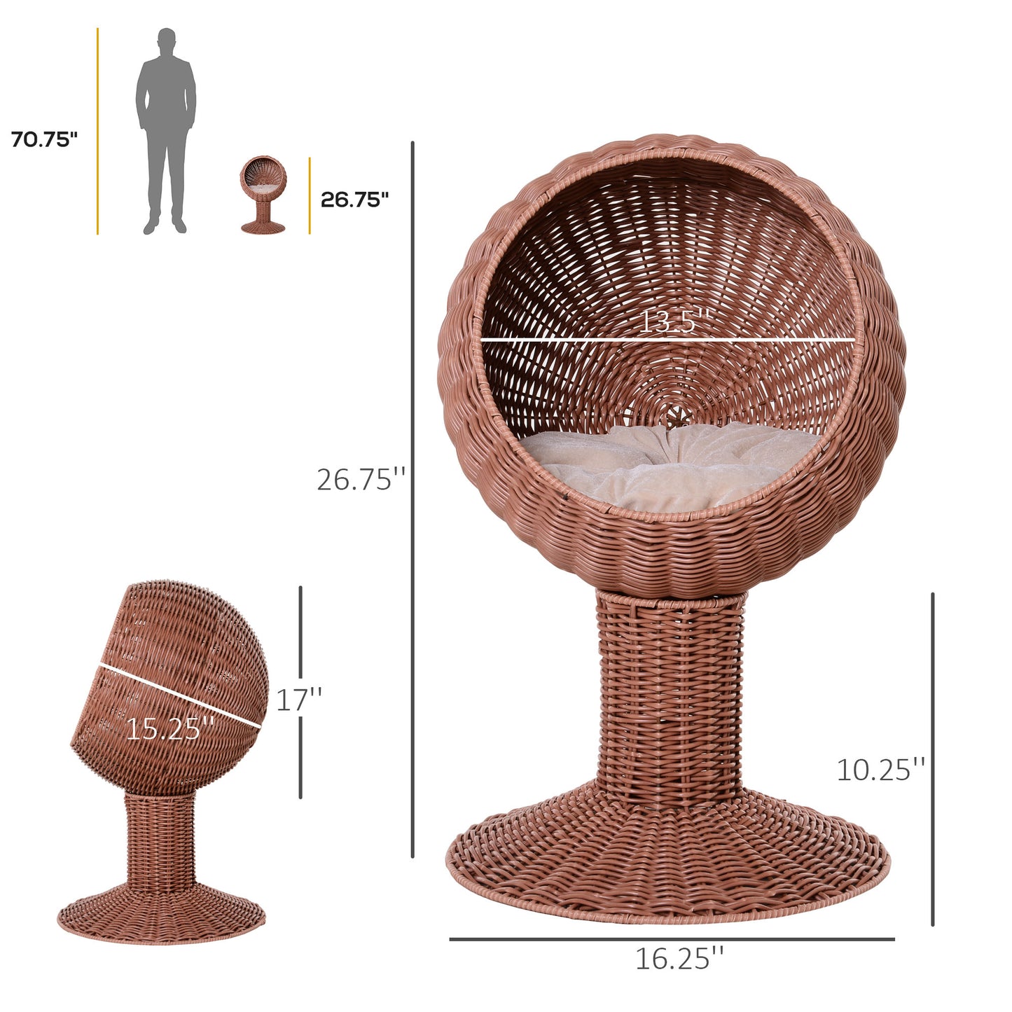 Elevated Wicker Egg Pod Cat Bed – Rotatable Basket House with Cushion