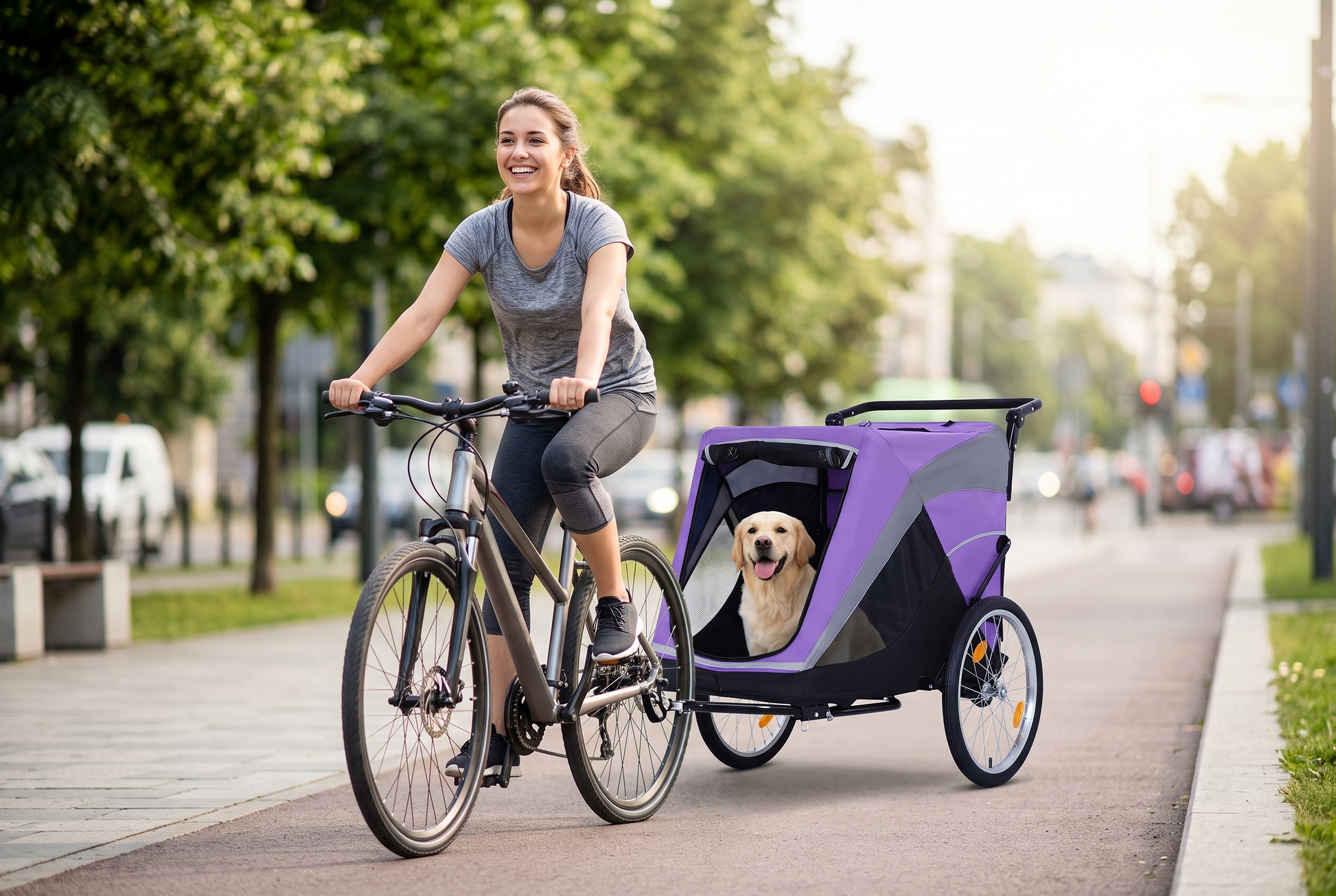 GianfiStore 2-in-1 purple dog bike trailer attached to bicycle – Golden Retriever riding safely, urban bike path
