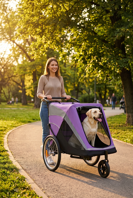GianfiStore purple pet stroller pushed by woman in park – large Labrador inside, golden hour light, all-terrain wheels
