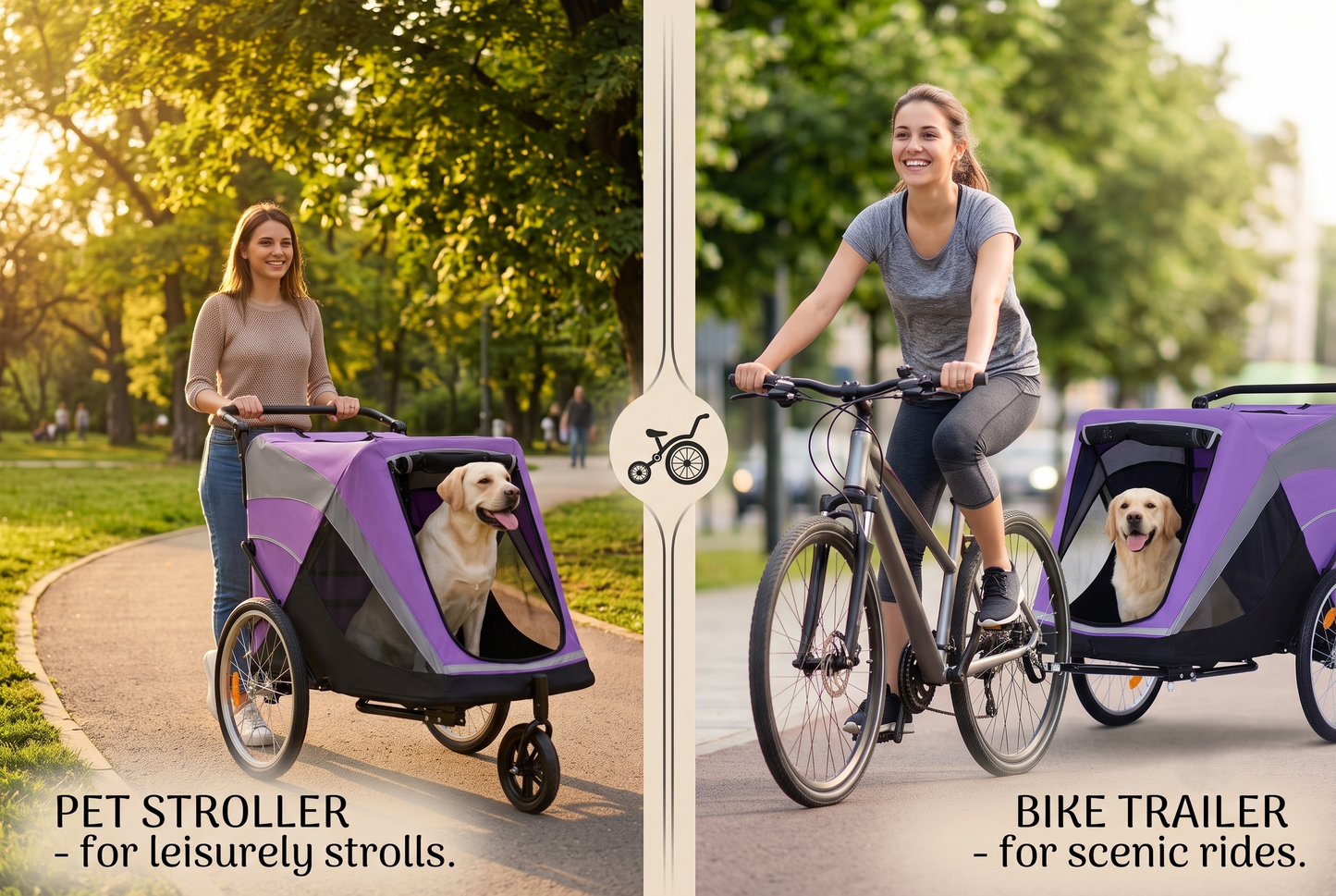 GianfiStore dog bike trailer and pet stroller 2-in-1 comparison – stroller mode left, bike trailer mode right
