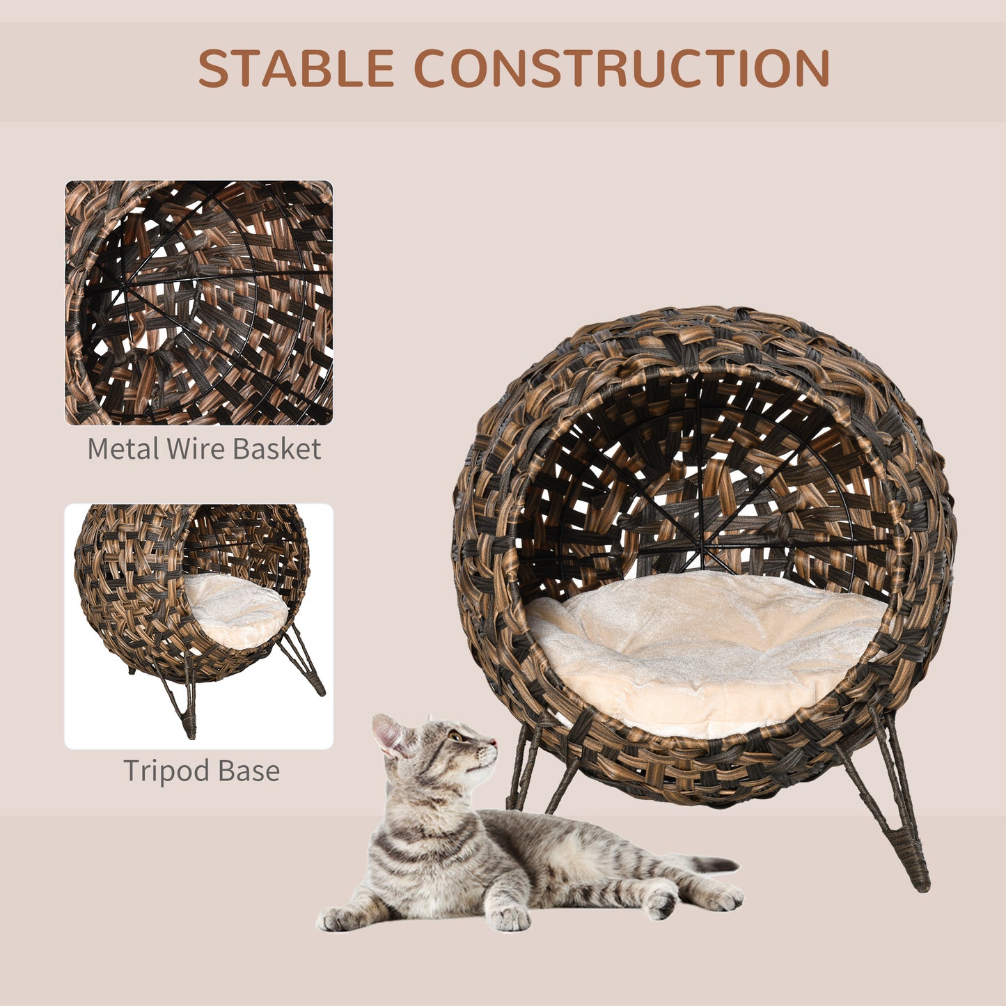 Handwoven Elevated Cat Bed – Egg Chair Wicker Basket House with Cushion