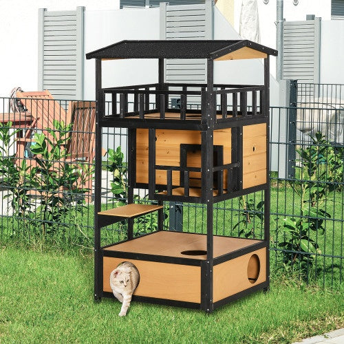 54" 3-Tier Outdoor Wooden Cat House with Escape Doors