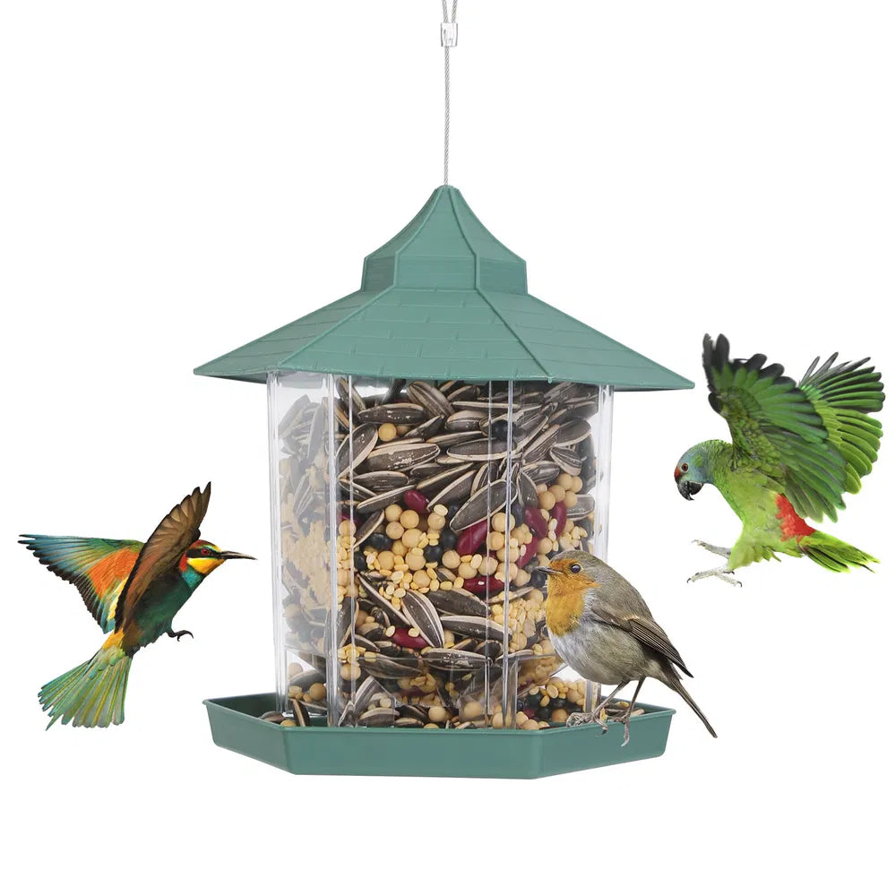 Green six-port gazebo bird feeder filled with seed on white background