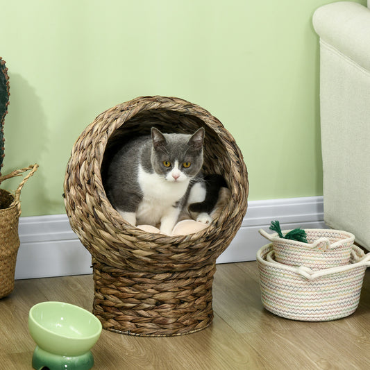 Elevated Wicker Egg Pod Cat Bed – Rotatable Basket House with Cushion