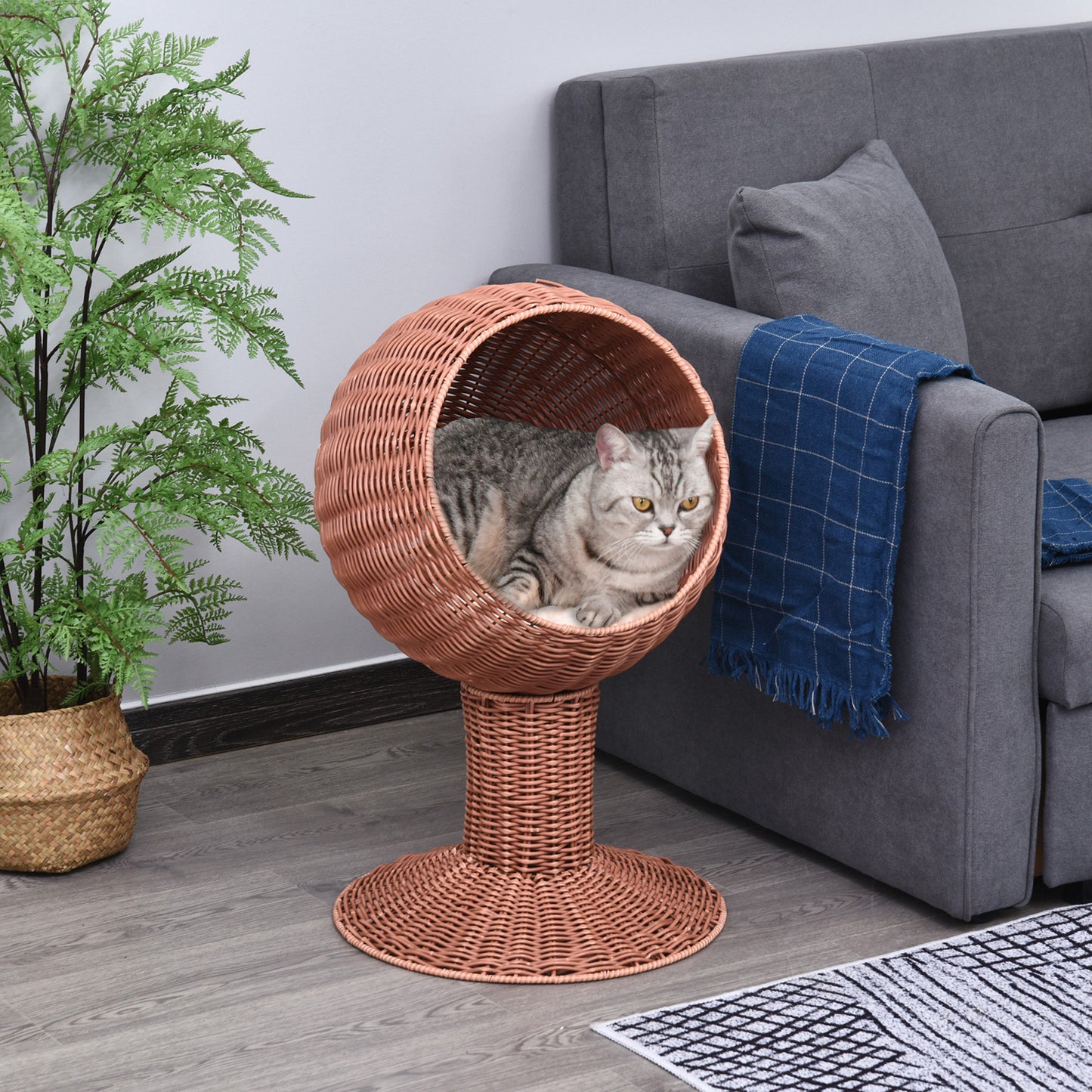 Elevated Wicker Egg Pod Cat Bed – Rotatable Basket House with Cushion