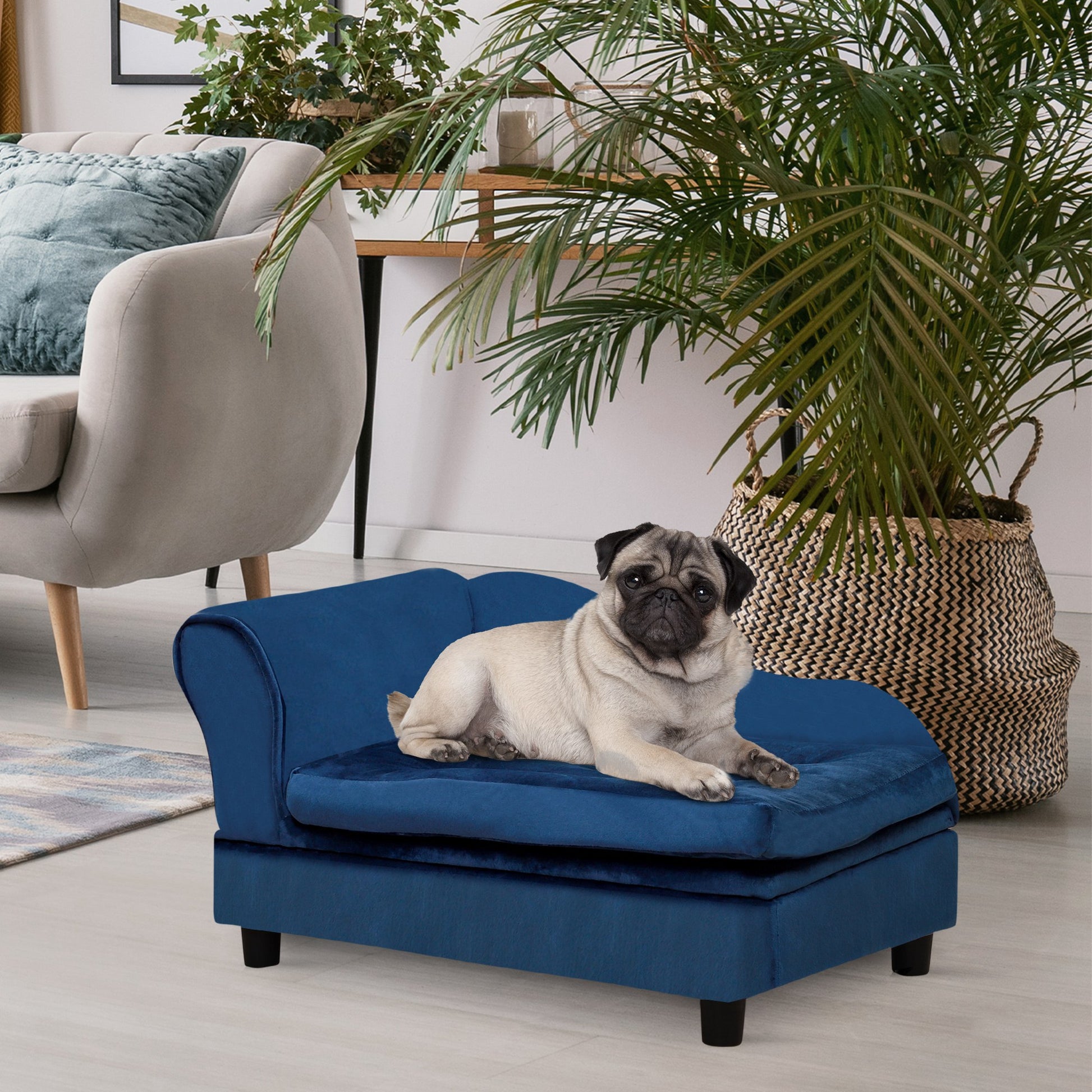Blue luxury pet sofa hidden storage compartment open - 23 litre trunk