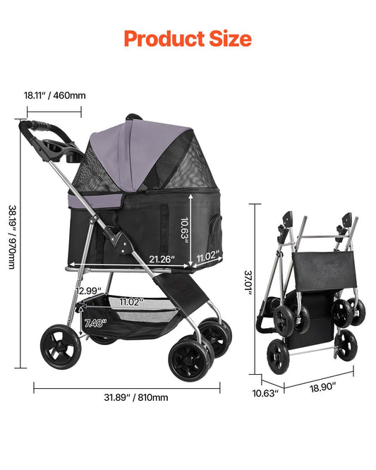 Foldable 4-Wheel Pet Stroller with Detachable Carrier – Up to 35 lbs