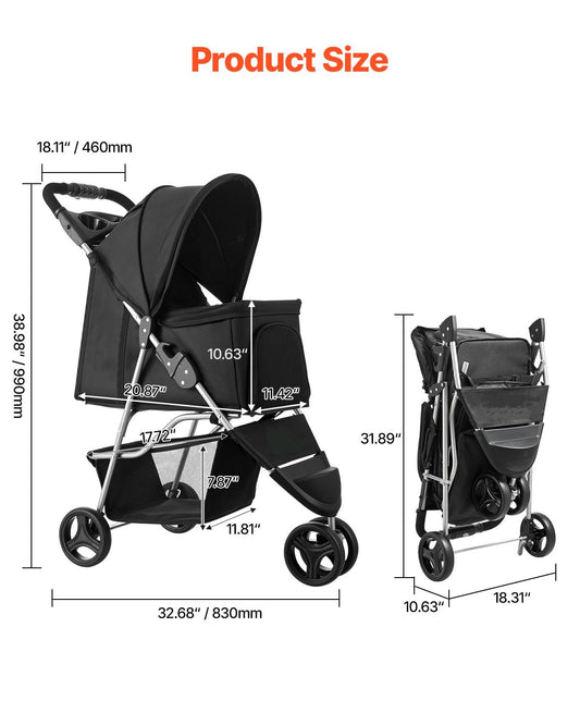 Foldable 3-Wheel Pet Stroller – Up to 35 lbs | Travel Dog & Cat Stroller