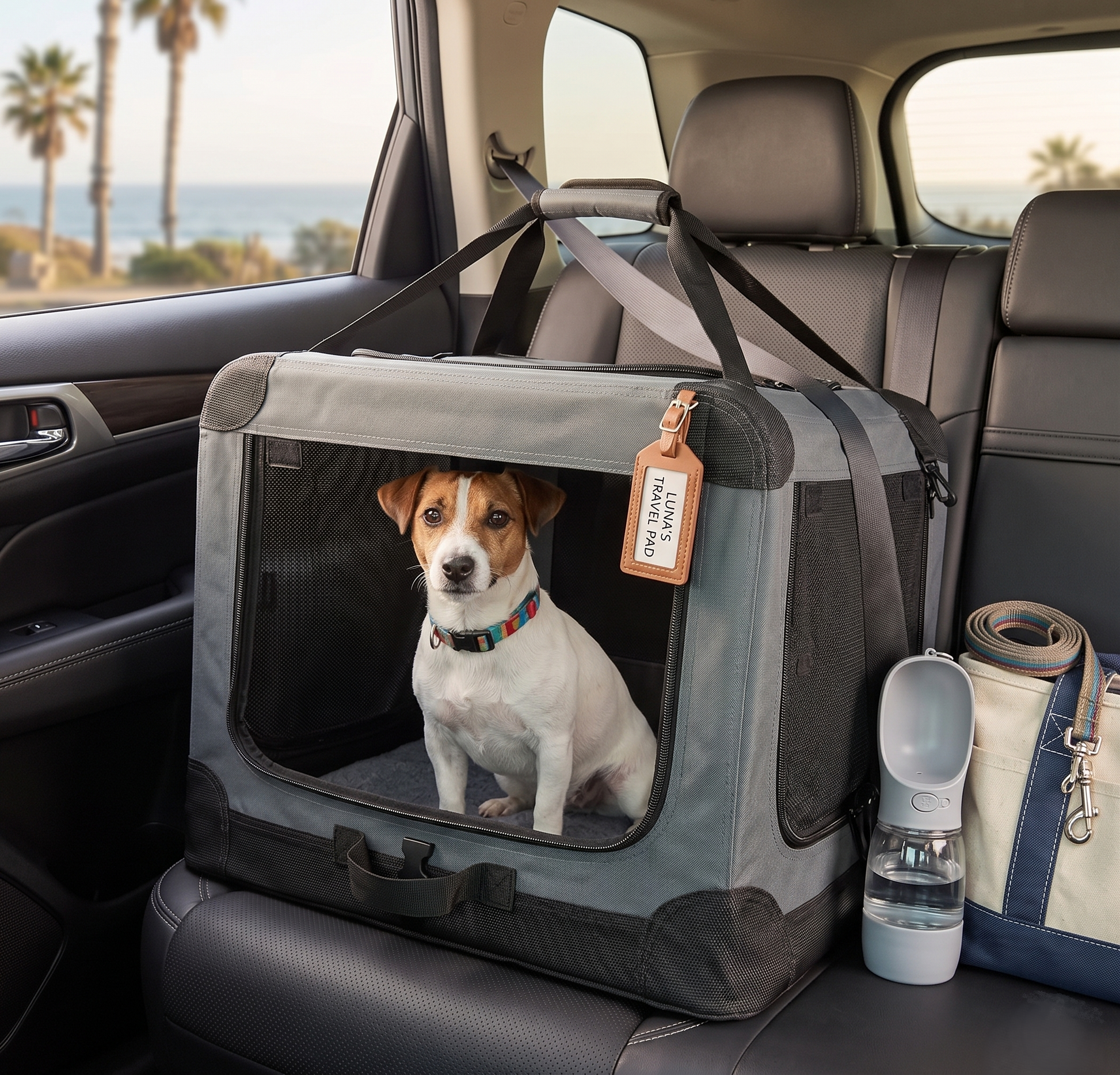 Foldable soft dog crate placed in the back seat of a car with a small dog inside, next to a travel cup holder