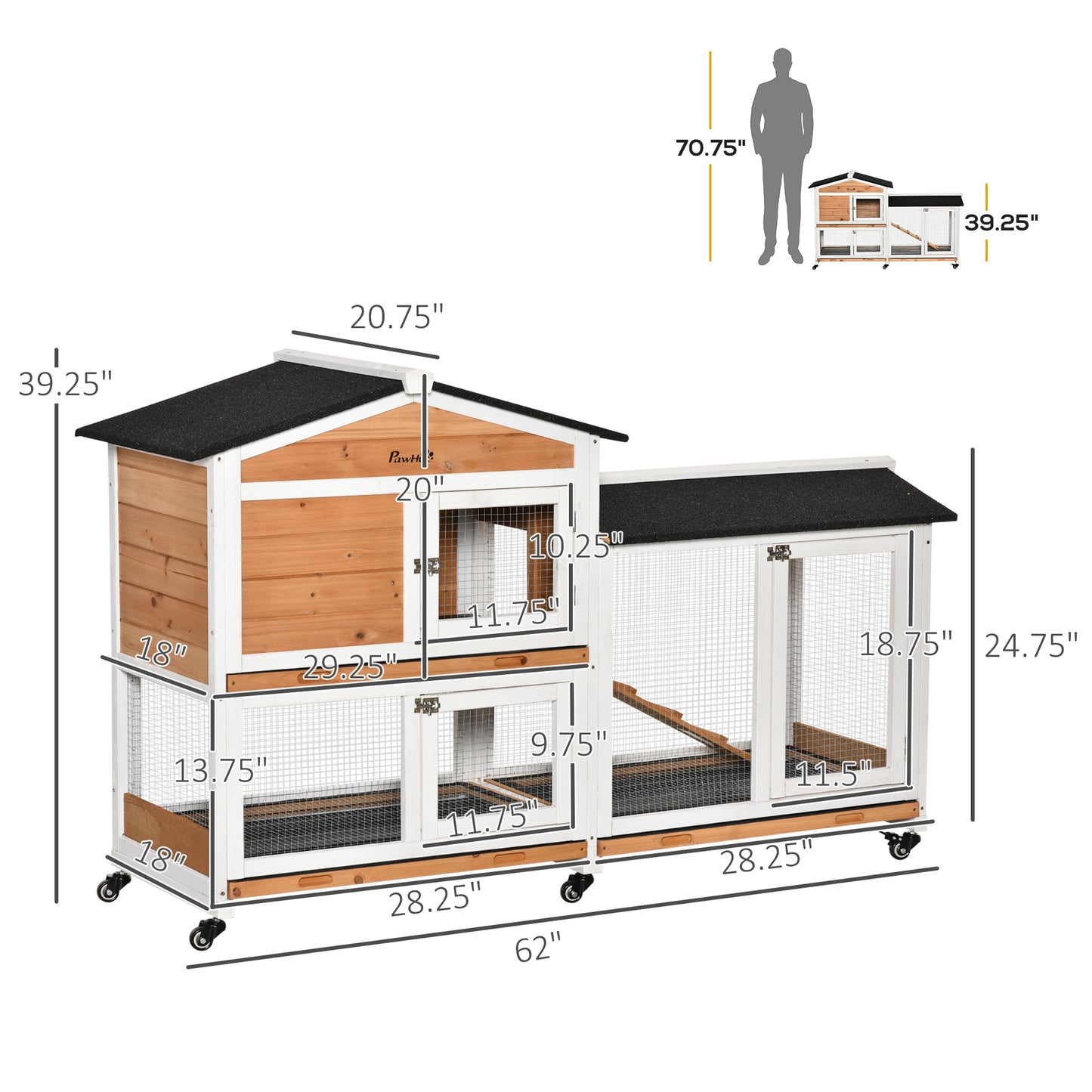 62" Deluxe Wooden Rabbit Resort - 2-Story Habitat with Extra-Long Run & 3 Easy-Clean Trays