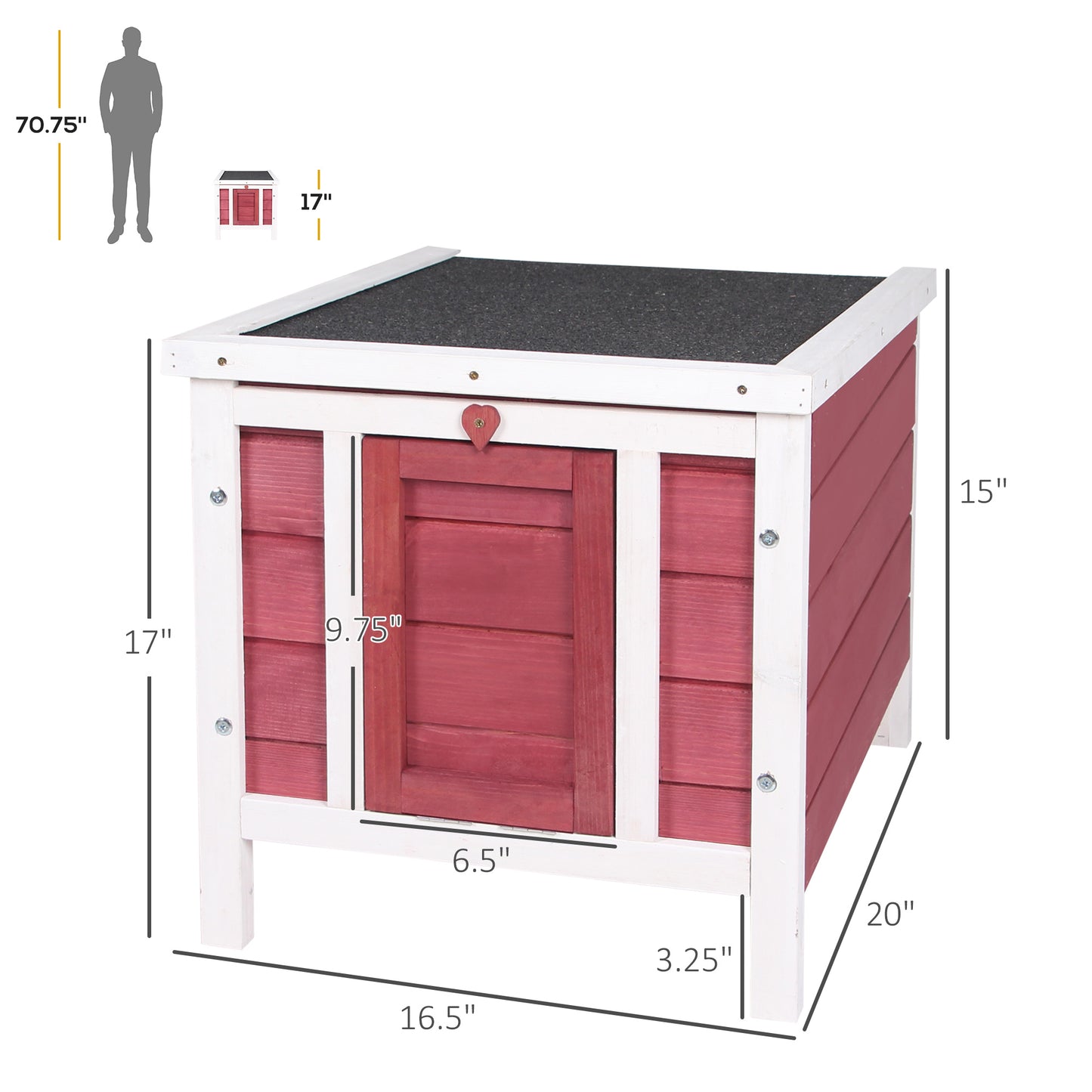 Red elevated rabbit hutch with waterproof asphalt roof - side view