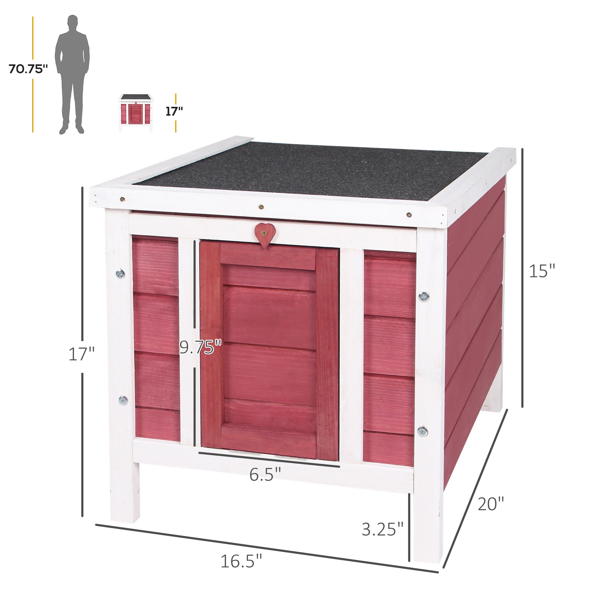 Red elevated rabbit hutch with waterproof asphalt roof - side view