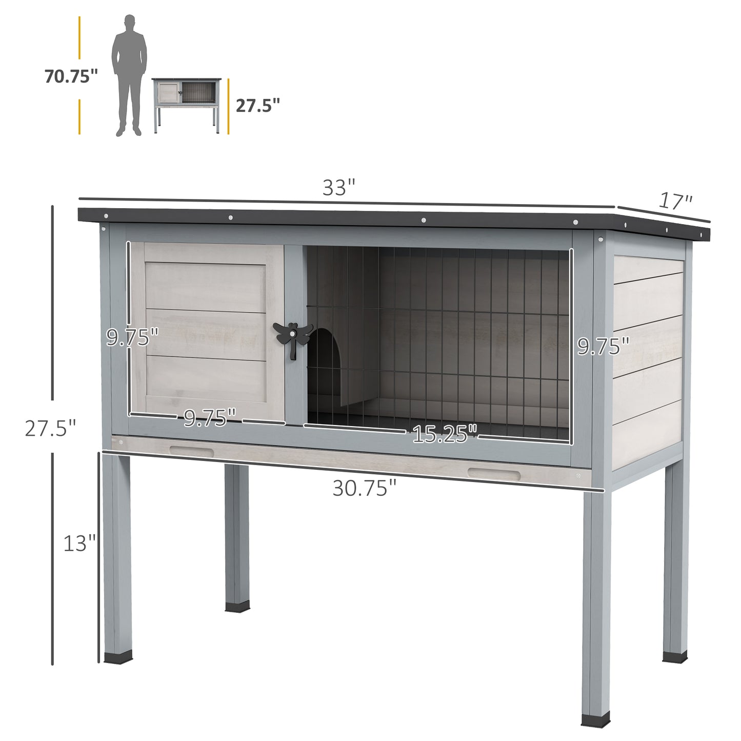 Gray rabbit hutch asphalt roof and fir wood frame - side view
