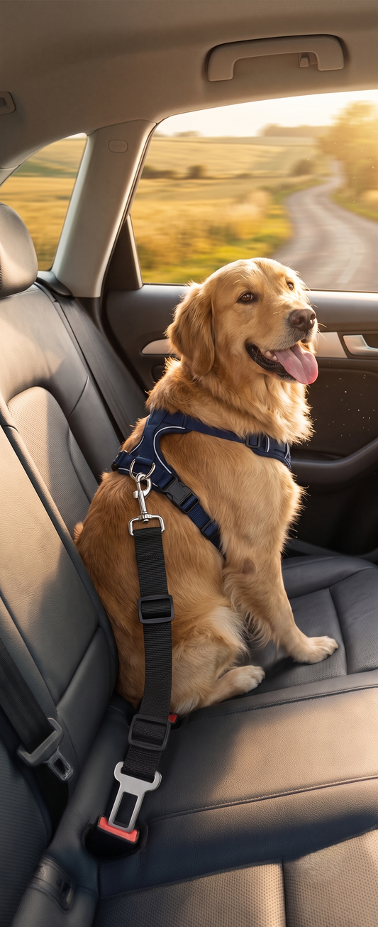 Golden Retriever safely secured in car back seat with GianfiStore adjustable dog seat belt - pet travel safety