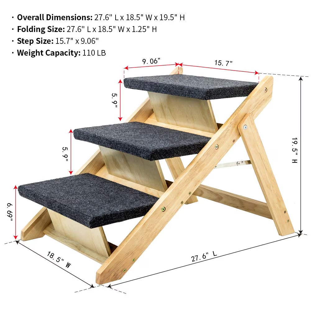 GianfiStore™ Folding Wooden Dog Stairs — 3-Step Pet Ramp for Beds & Cars | Supports 110 lbs