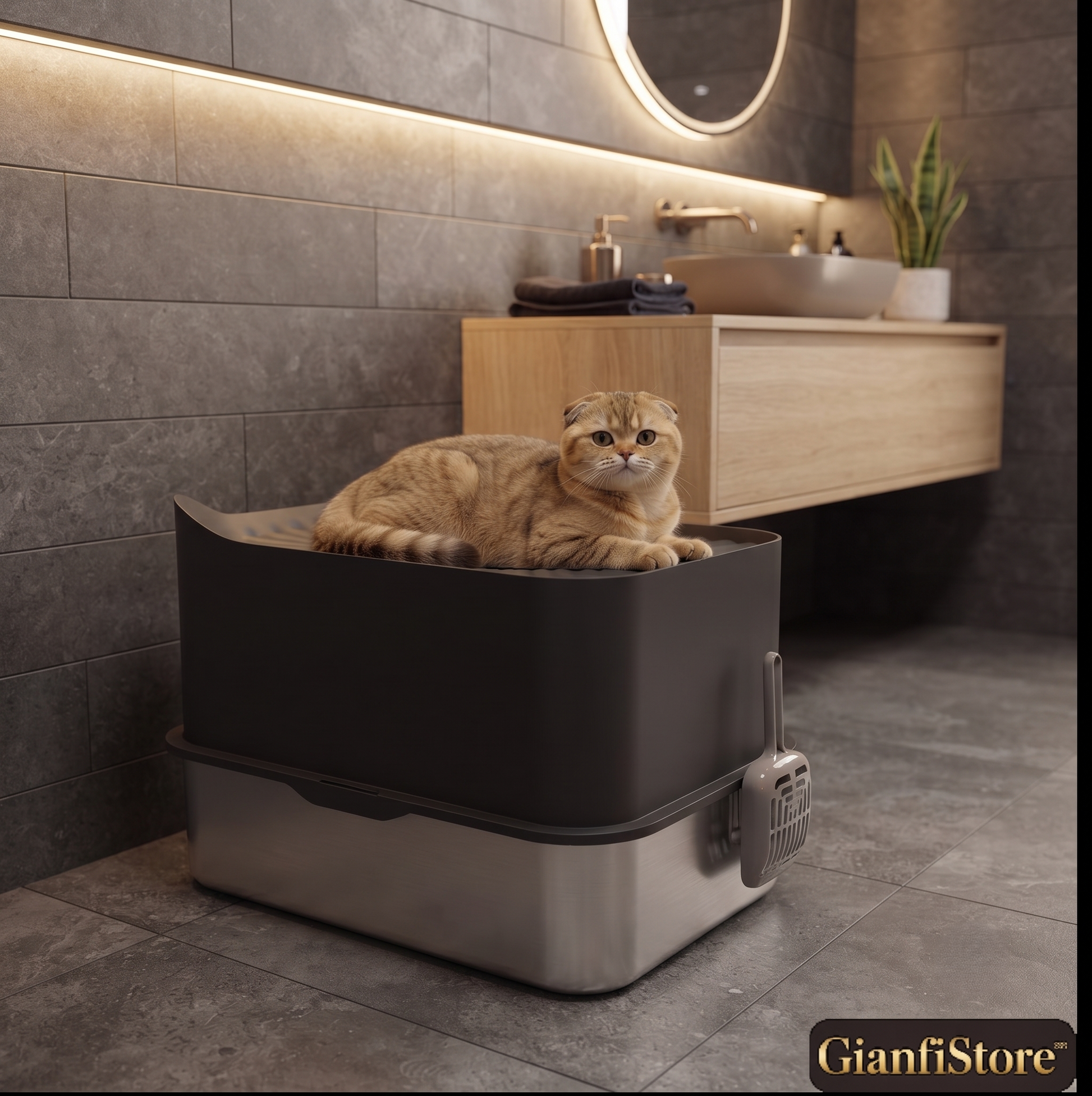 Extra large stainless steel cat litter box - Scottish Fold cat in luxury dark bathroom