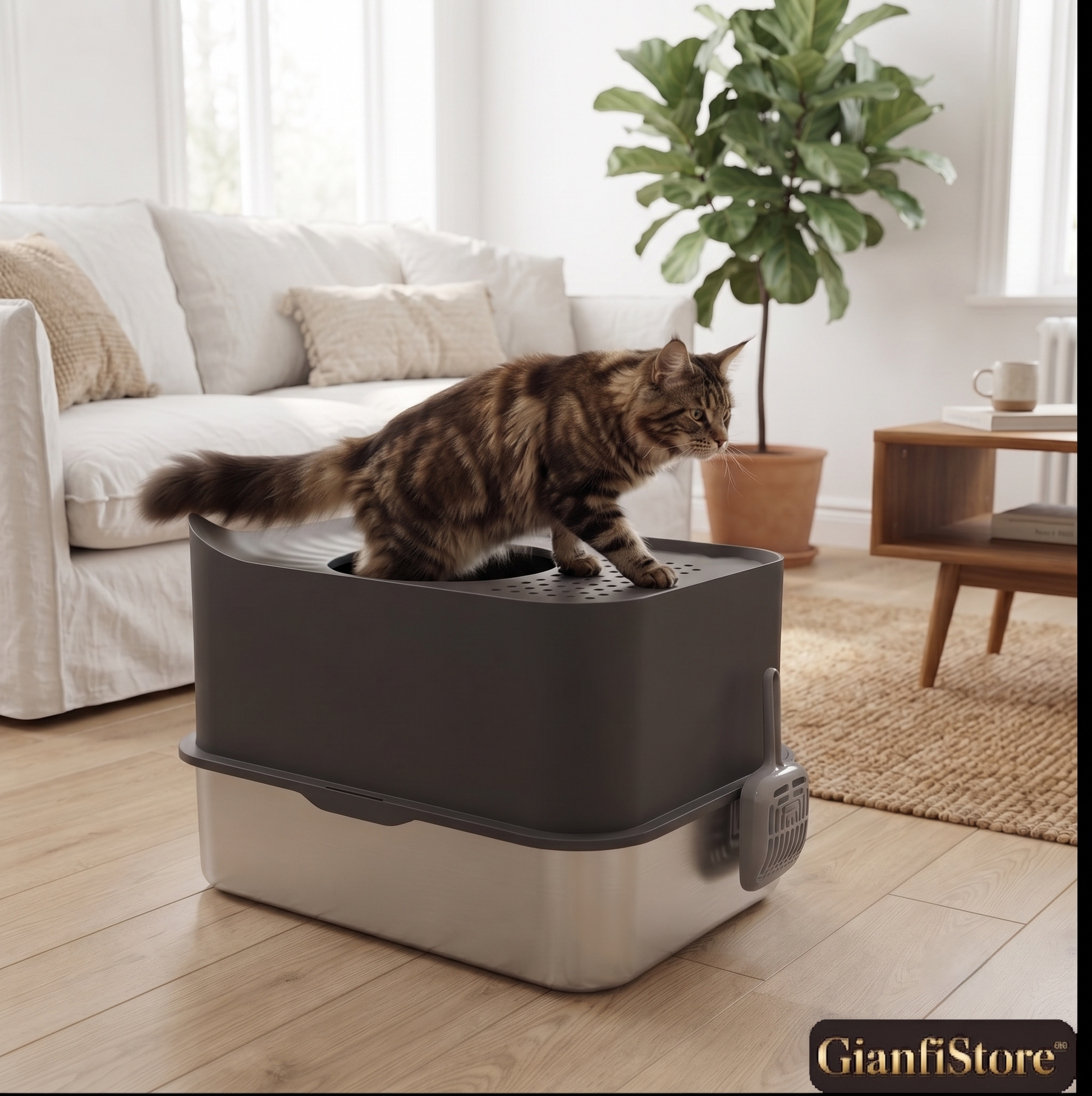 Extra large stainless steel cat litter box - Maine Coon cat in bright living room