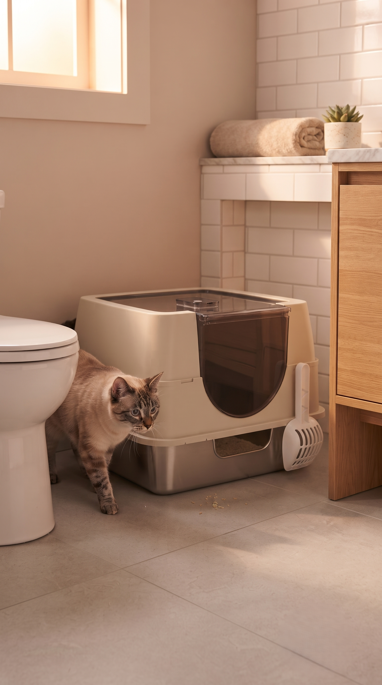 Cat exploring detachable stainless steel base of enclosed litter box
