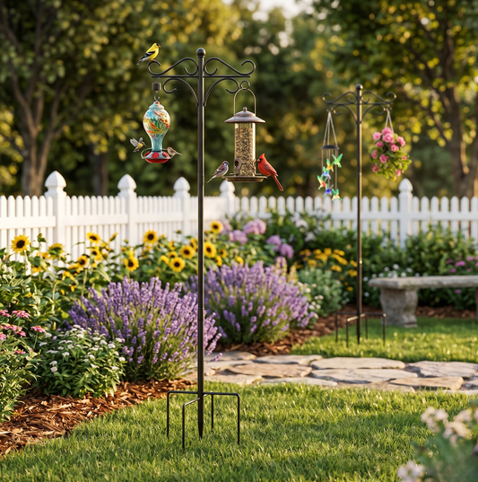 Bird feeder station pole kit in sunny American backyard garden with cardinal and goldfinch — adjustable double shepherd's hook stand
