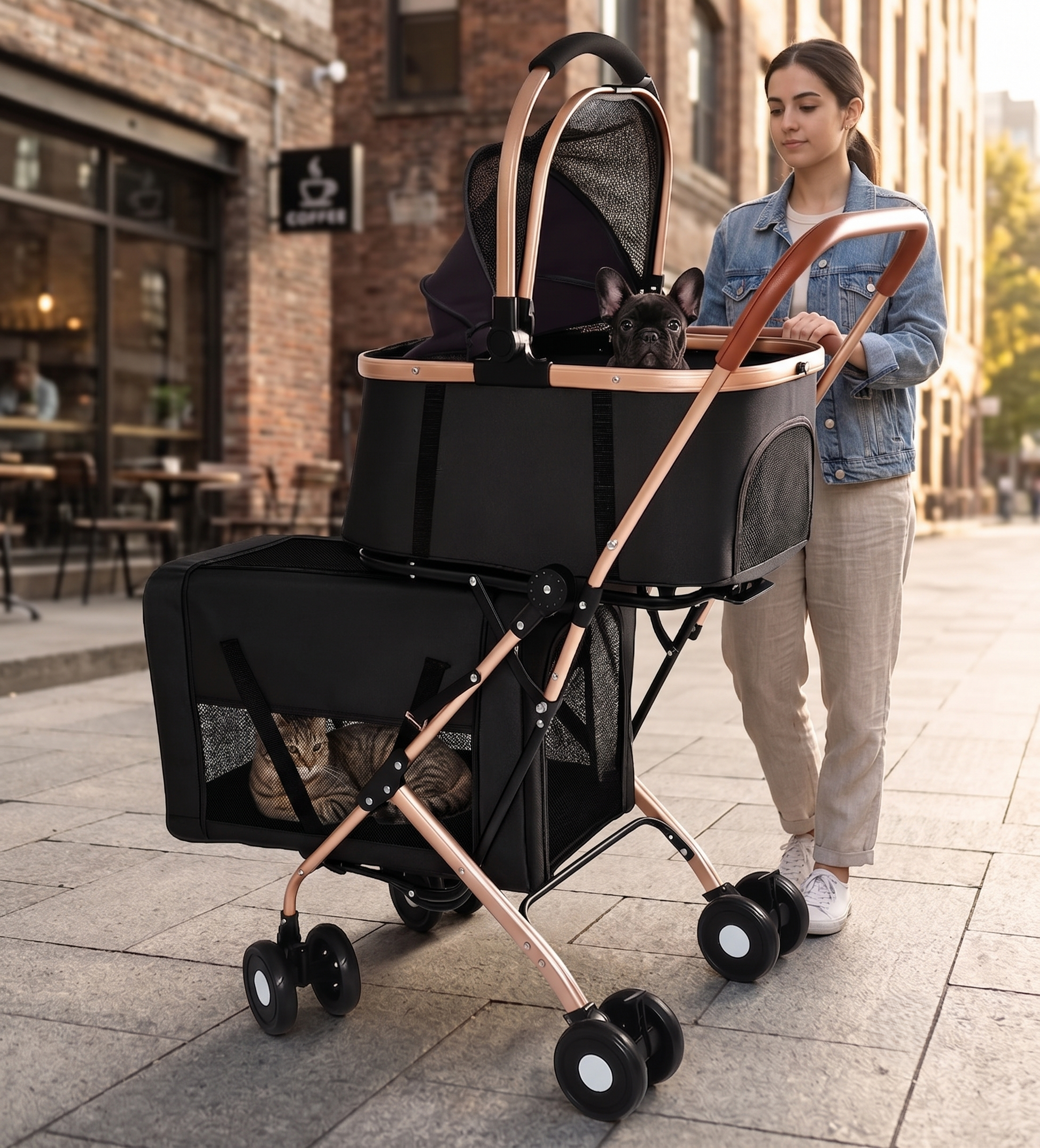 Young woman pushing the 3-in-1 double pet stroller on a city sidewalk with a black French Bulldog in the top compartment and a tabby cat in the bottom compartment