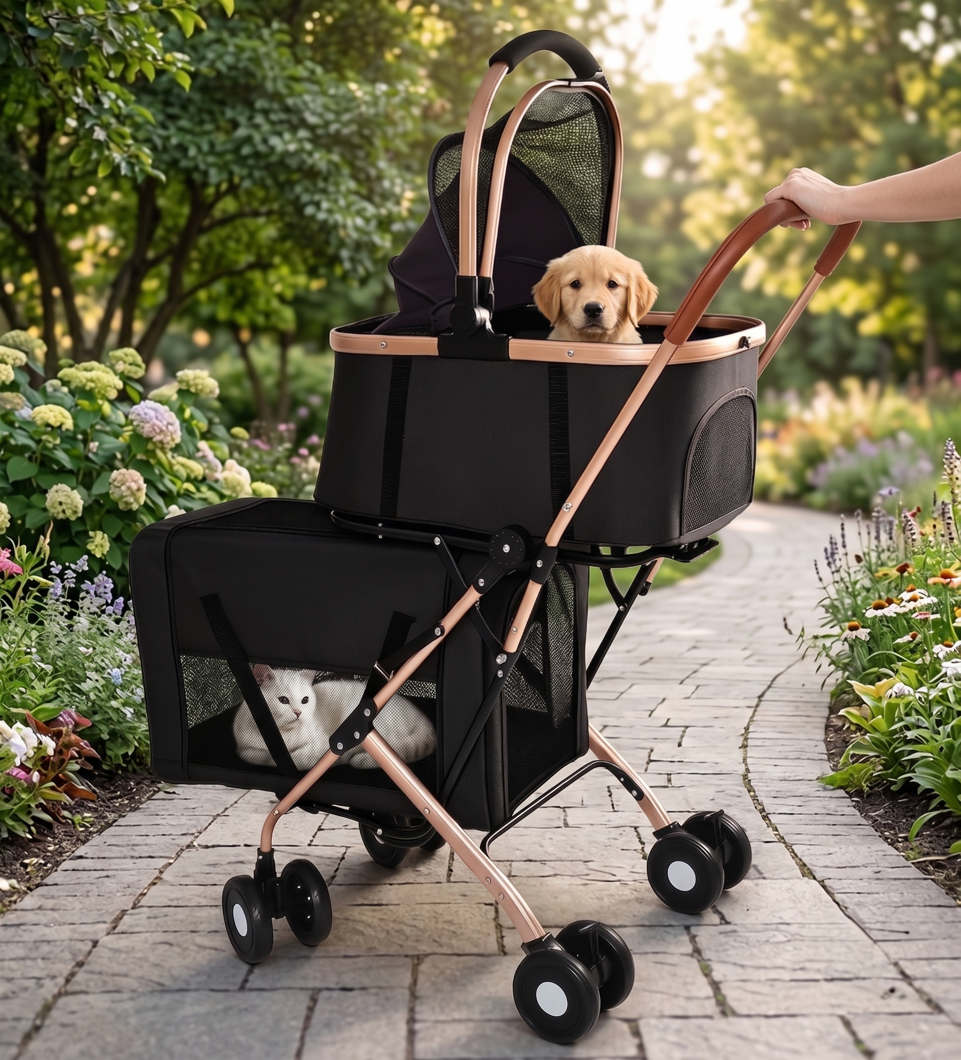 3-in-1 double pet stroller on a garden park path with a golden retriever puppy in the top compartment and a white cat resting in the bottom compartment