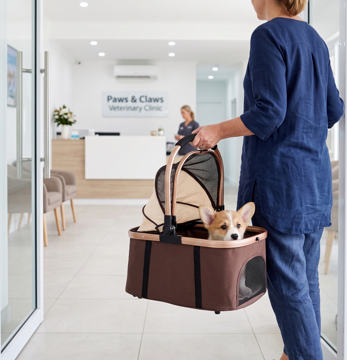 Detachable pet carrier basket from the 3-in-1 double stroller carried by a woman entering a veterinary clinic with a Corgi puppy inside