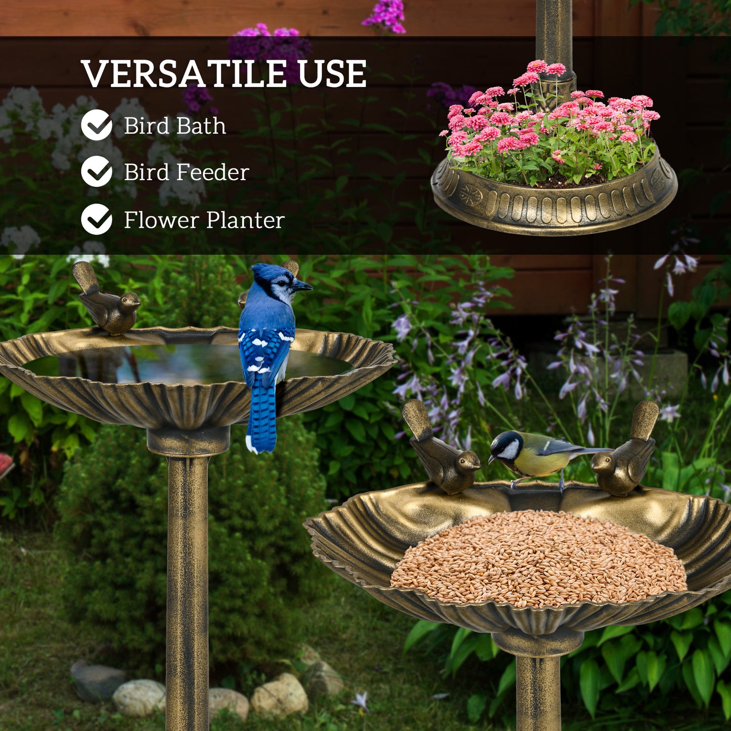 Side view of 32 inch antique bird bath with ground stakes