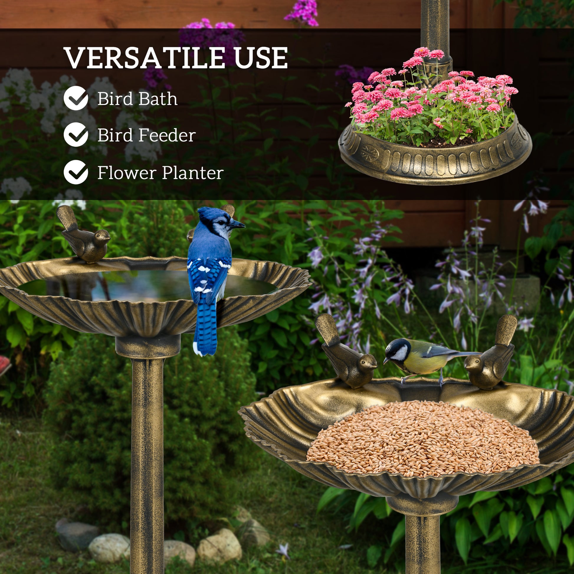 Side view of 32 inch antique bird bath with ground stakes