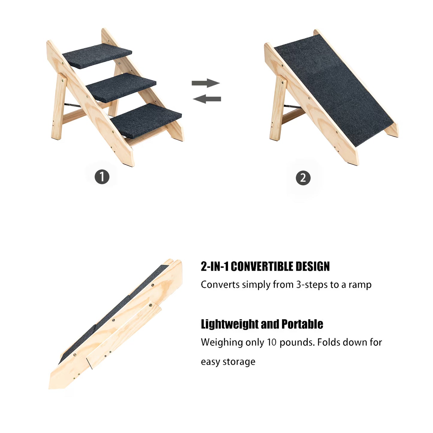 GianfiStore™ Folding Wooden Dog Stairs — 3-Step Pet Ramp for Beds & Cars | Supports 110 lbs