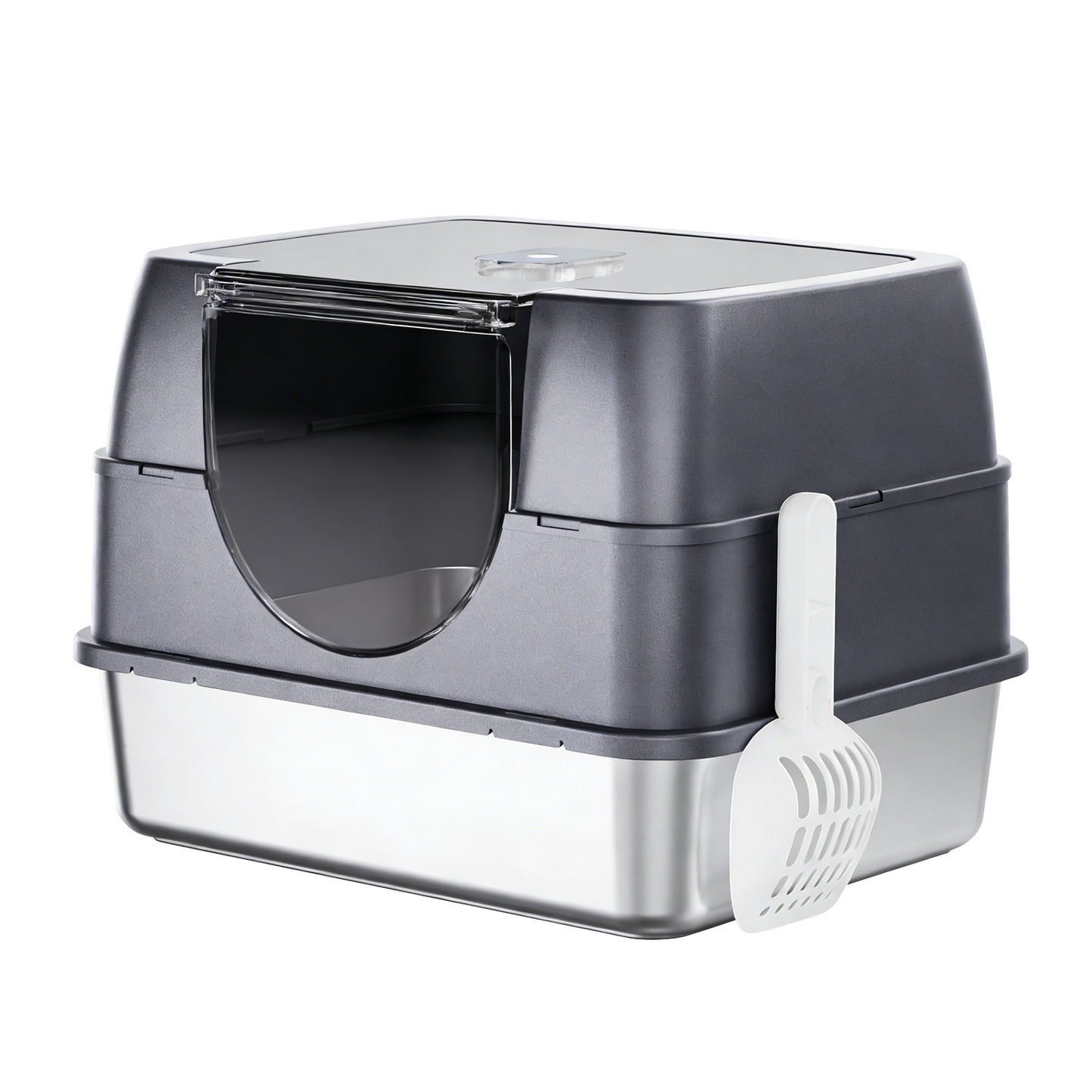 Cat litter box with removable top and front entry door