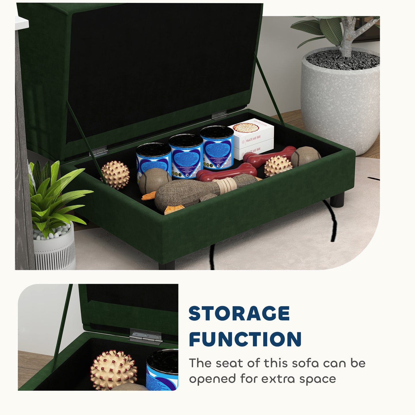 Emerald green pet sofa hidden storage compartment open - 23 litre trunk
