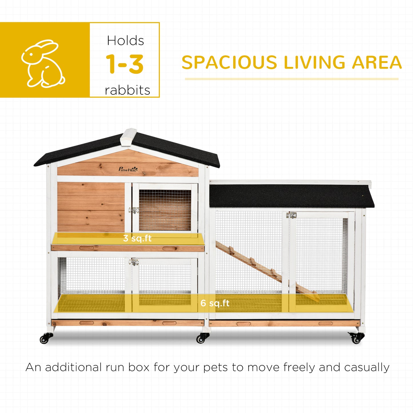 62" Deluxe Wooden Rabbit Resort - 2-Story Habitat with Extra-Long Run & 3 Easy-Clean Trays