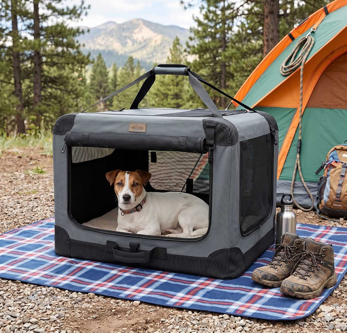 Small dog resting inside a foldable soft dog crate outdoors on a picnic blanket, with a tent and trees in the background