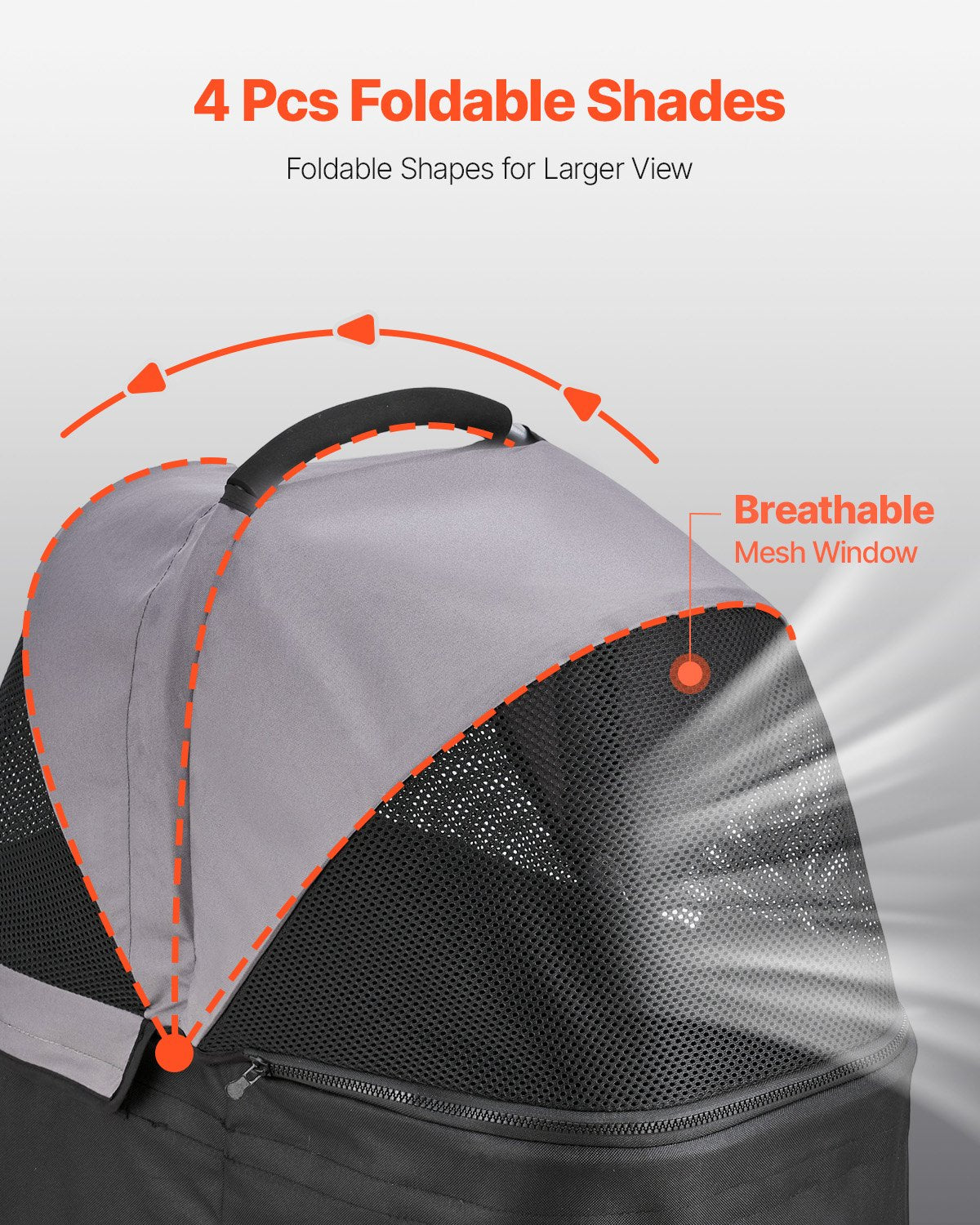 4-piece foldable canopy shades with breathable mesh window on pet stroller