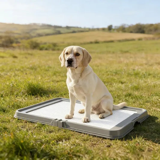 GianfiStore foldable portable dog potty – Labrador sitting on travel pet toilet outdoors