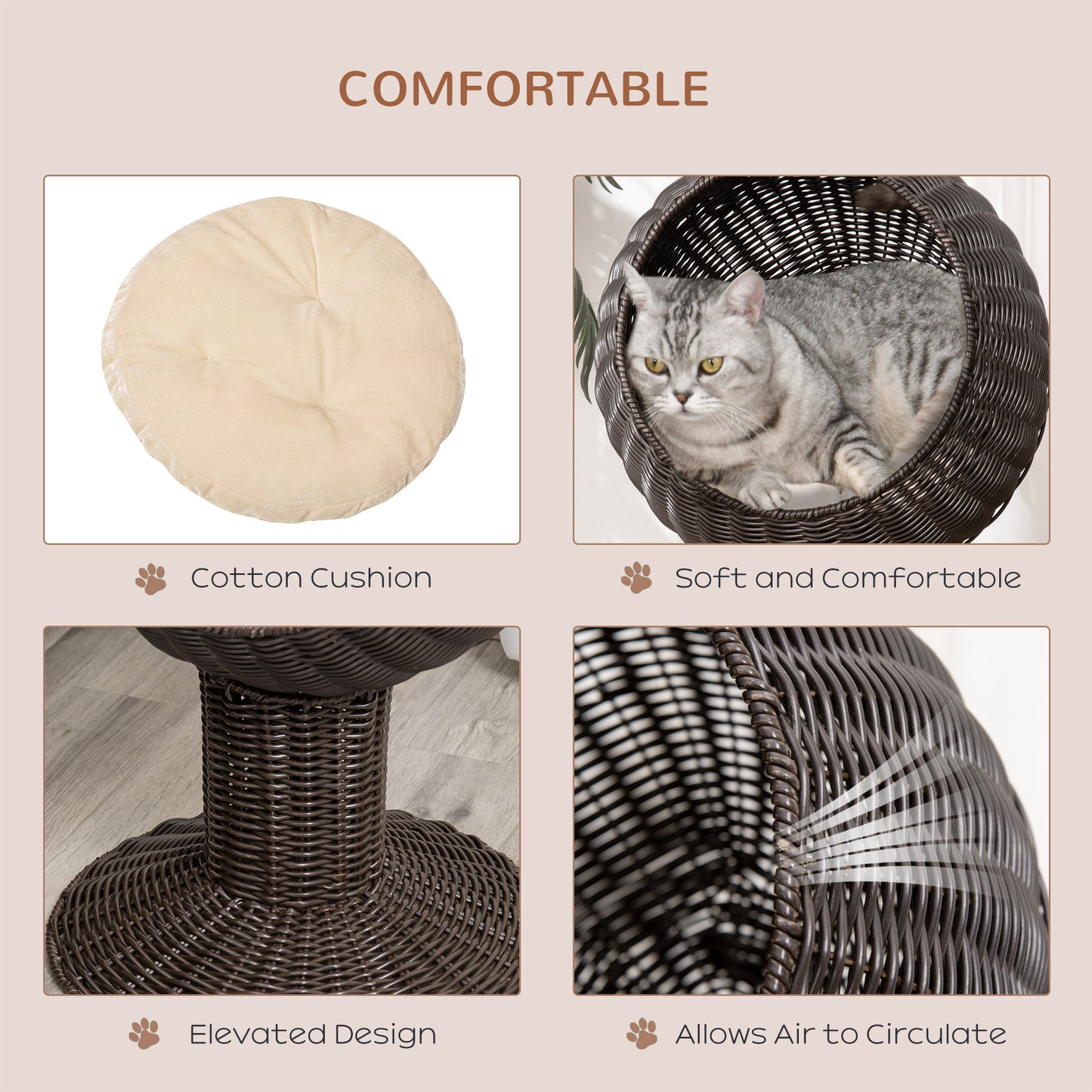 Elevated Rotating Cat Bed Hut - Modern Boho Woven Sphere Kitty Hideaway