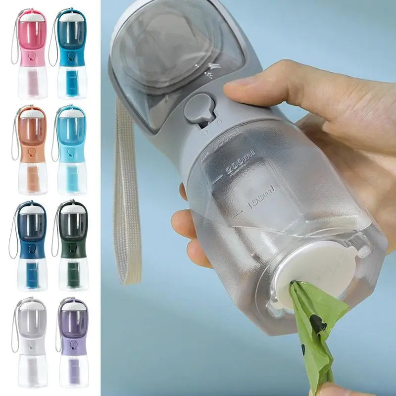 3-in-1 Portable Dog Travel Bottle — Water Dispenser, Food Container & Waste Bag Station